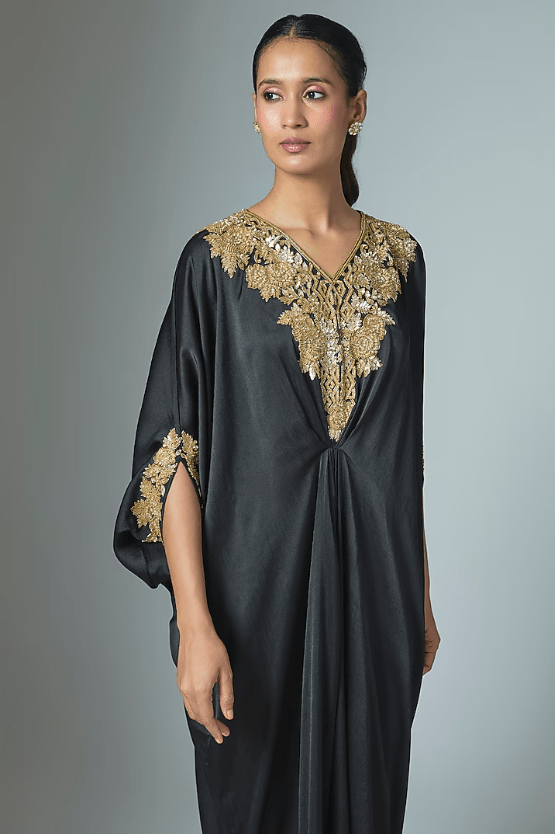Black Crinkle Satin Cutdana & Seep Work Kaftan - Image 3