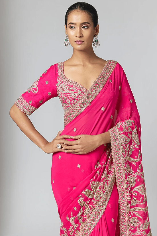 Fuchsia Pink Georgette Embroidered Saree Set - Image 4