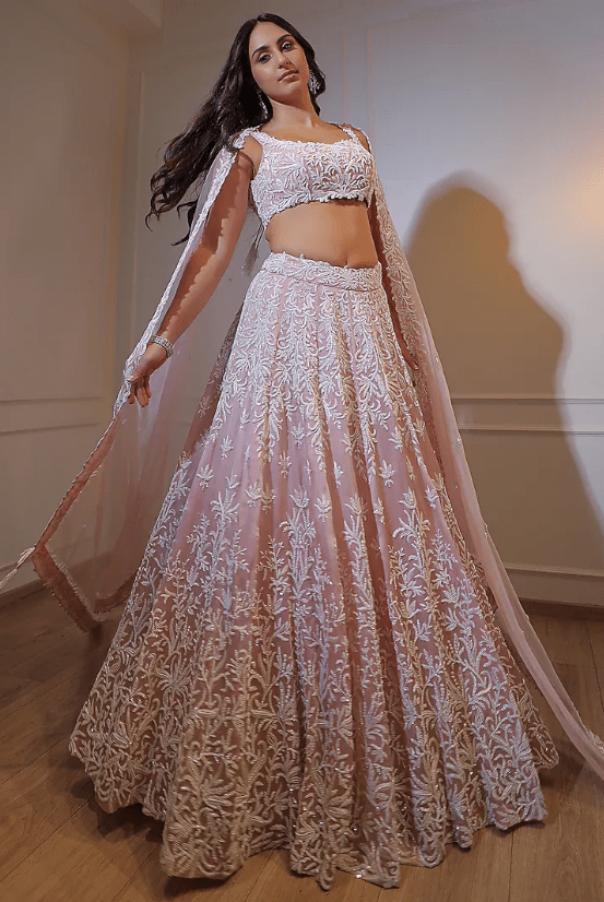 Pink & Ivory Organza Sequins Embroidered Lehenga Set