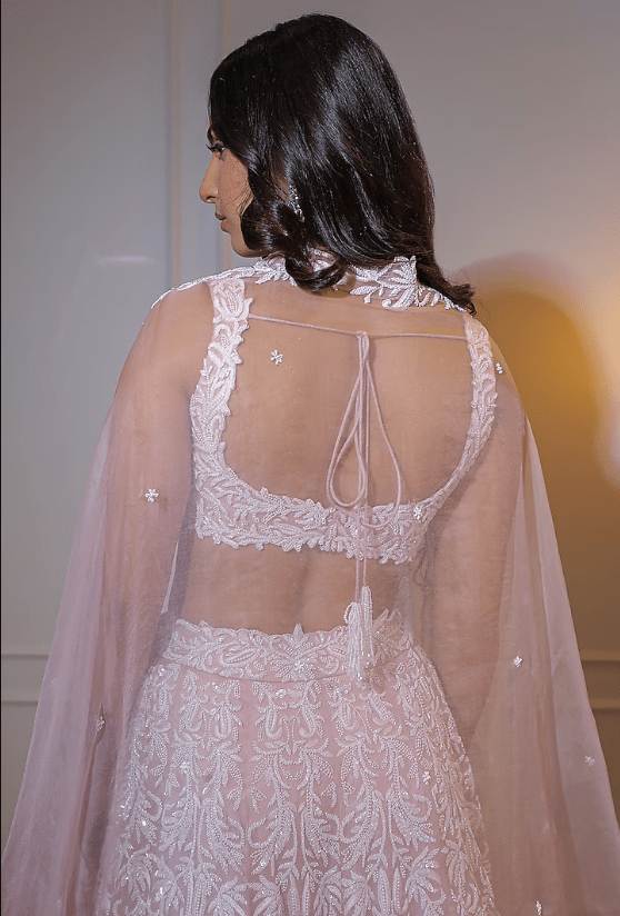 Pink & Ivory Organza Sequins Embroidered Lehenga Set - Image 2