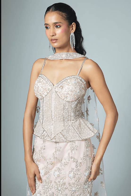 Pink Organza Embroidered Mermaid Lehenga Set - Image 4