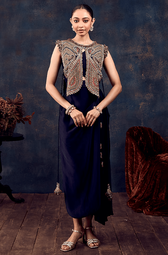 Royal Blue Modal Satin Draped Skirt Set