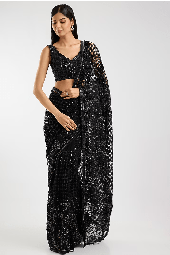 Black Georgette Sequins & Cutwork Saree Set