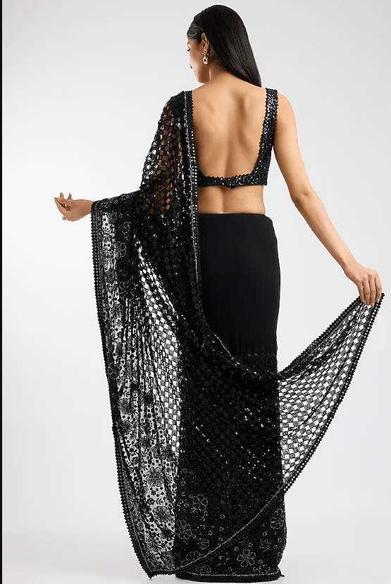 Black Georgette Sequins & Cutwork Saree Set - Image 2