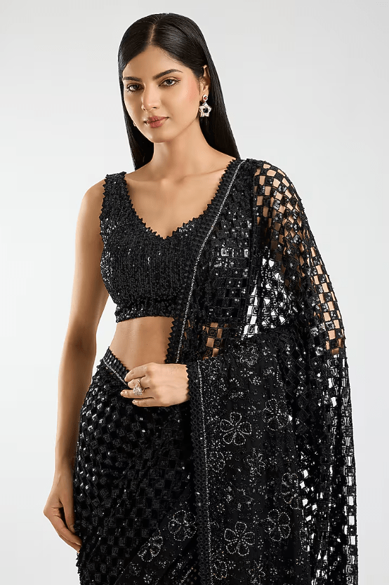 Black Georgette Sequins & Cutwork Saree Set - Image 5