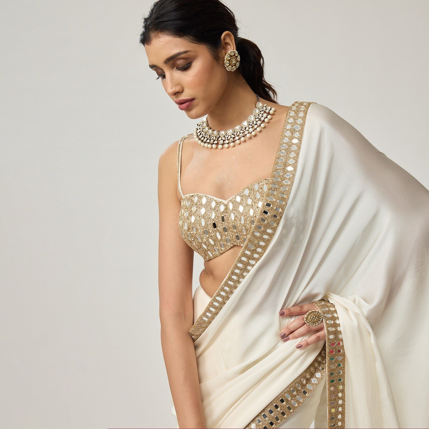 Cream color satin saree - Image 2