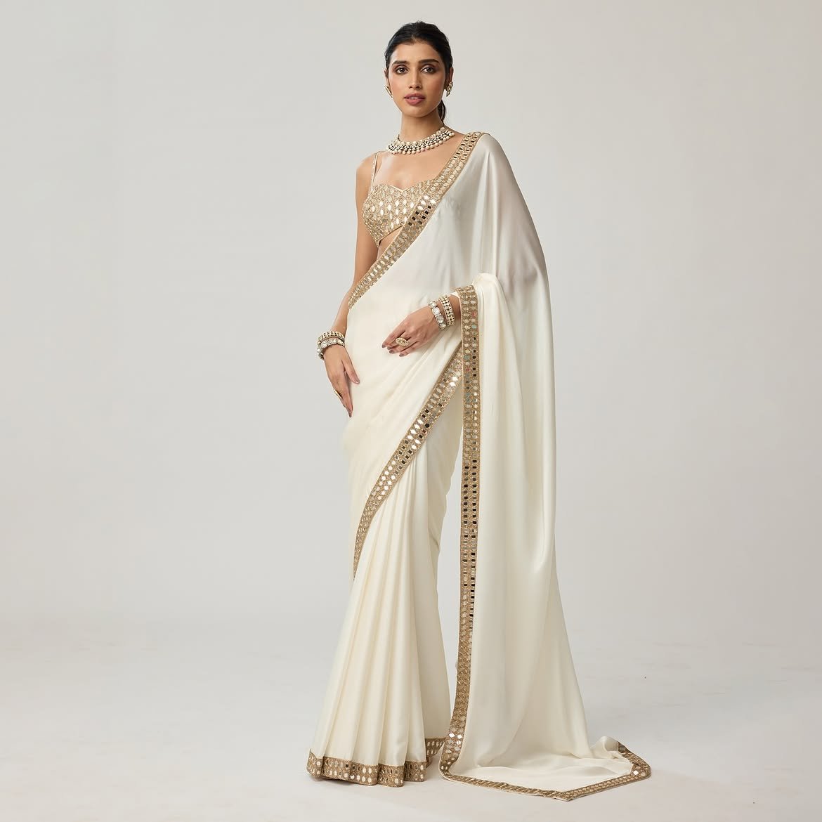 Cream color satin saree