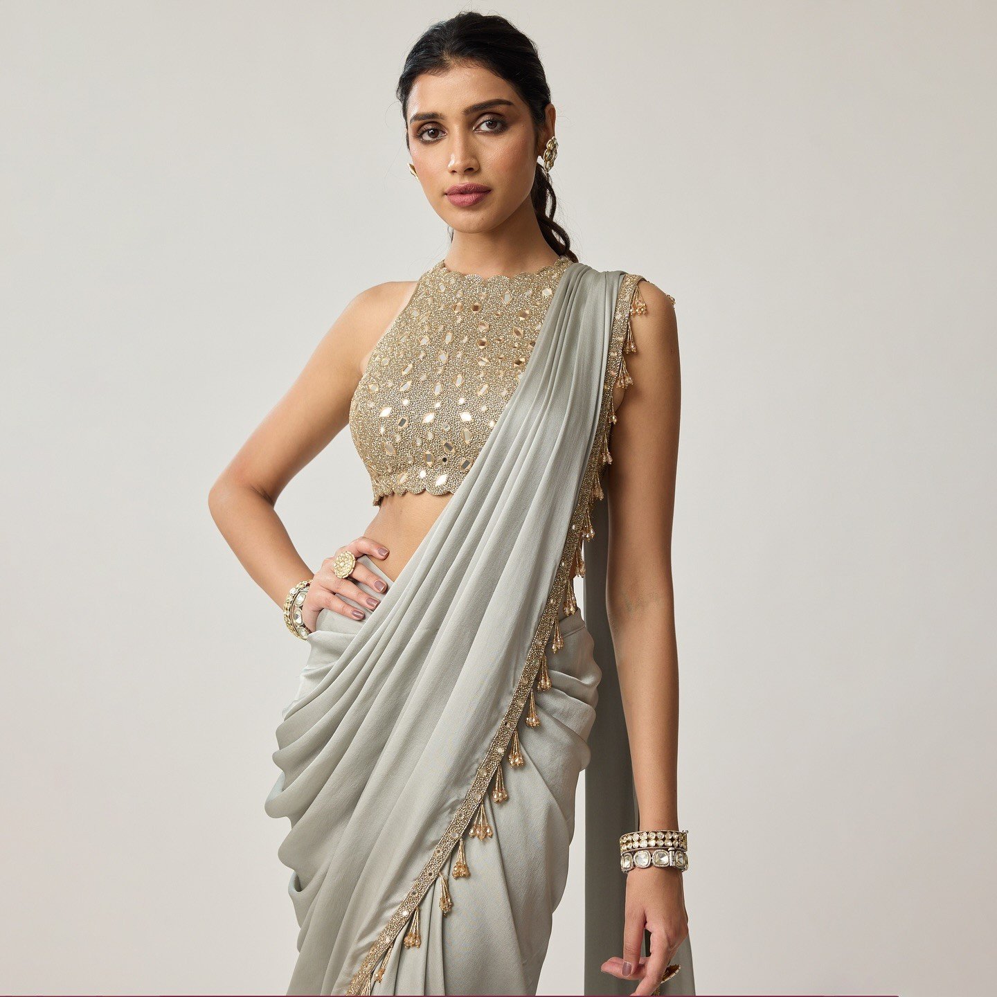 Powder Grey Saree With Mirror Work - Image 2