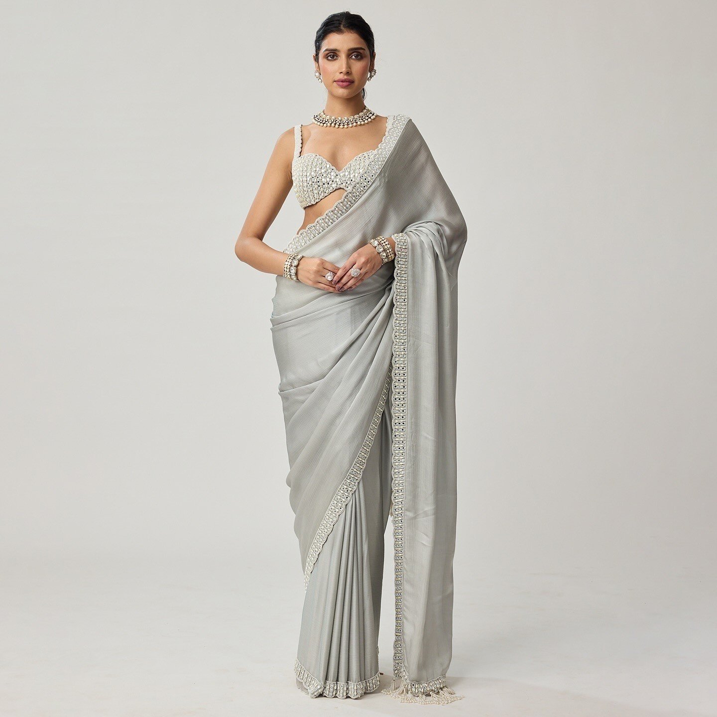 Powder Grey Pearl Work Saree