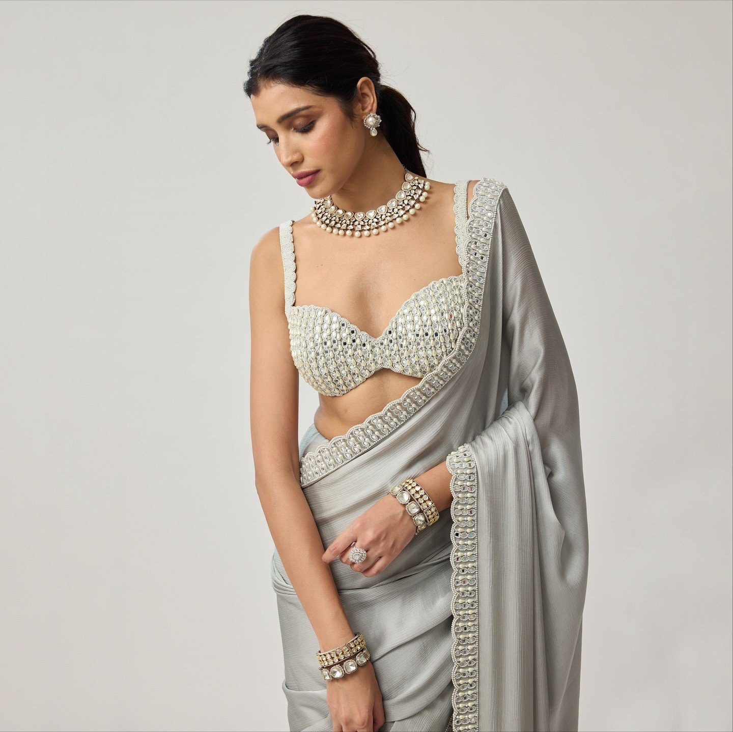 Powder Grey Pearl Work Saree - Image 2