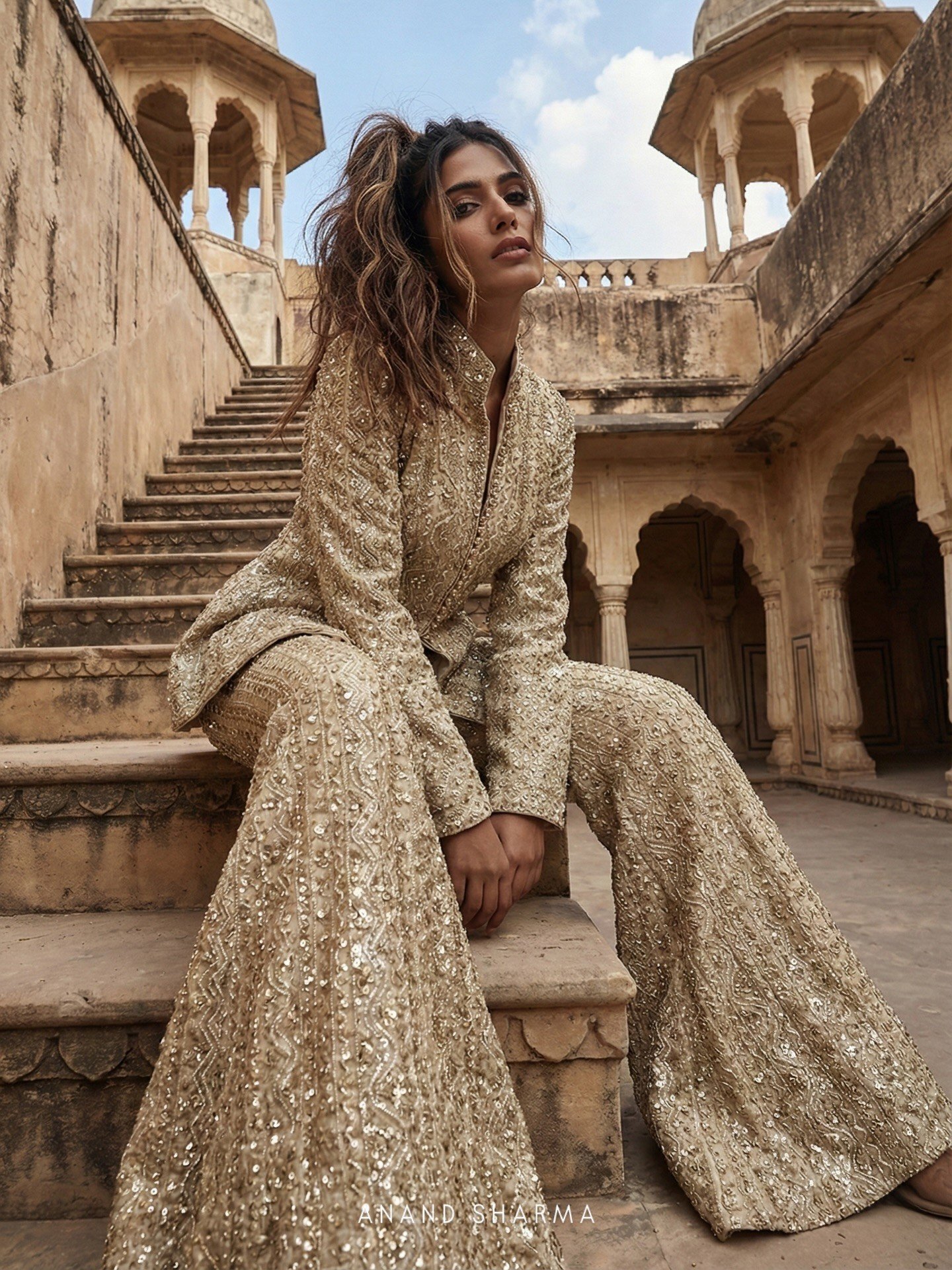Golden color sharara with zari work - Image 3