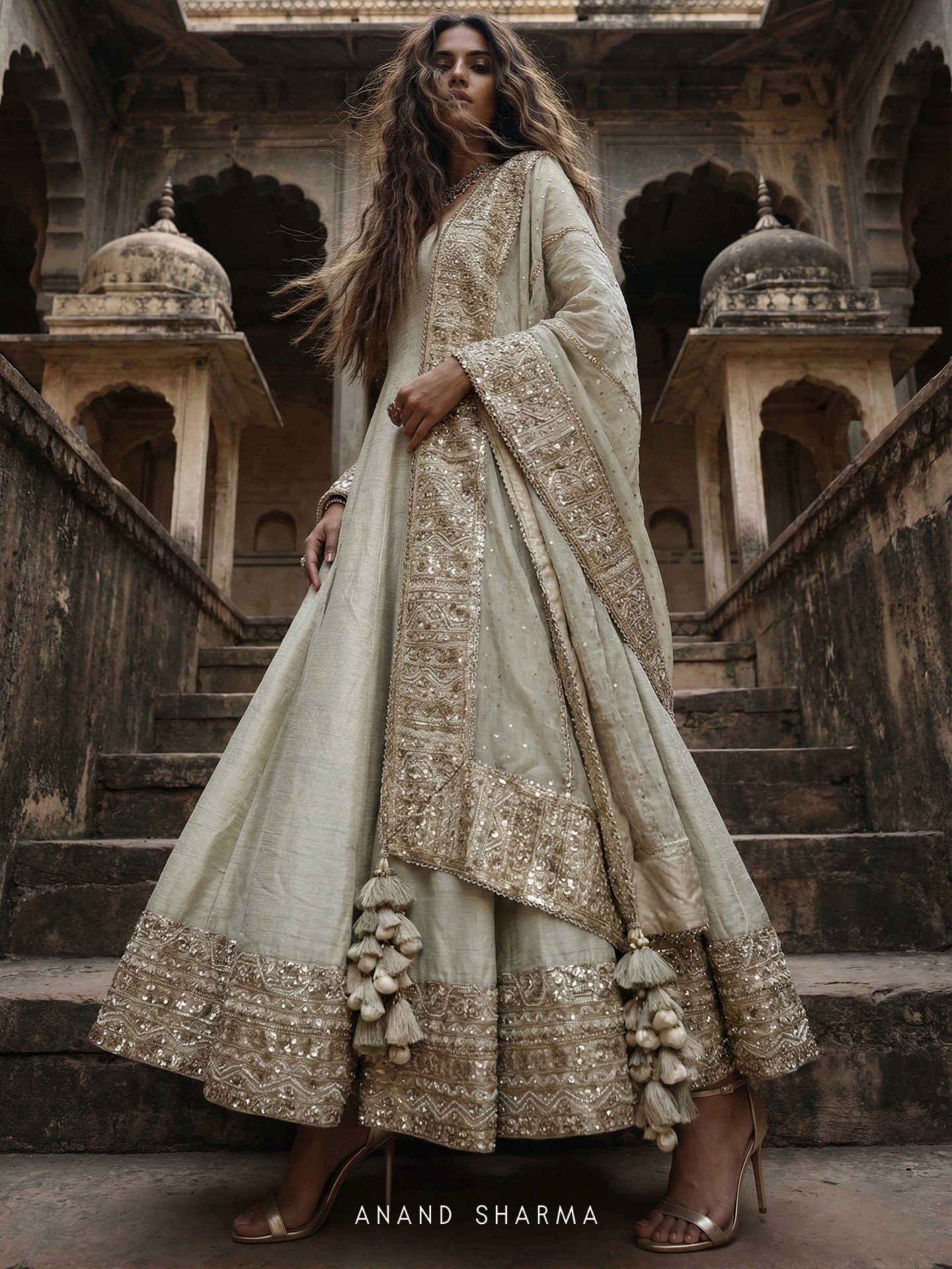 Cream color anarkali with zari work