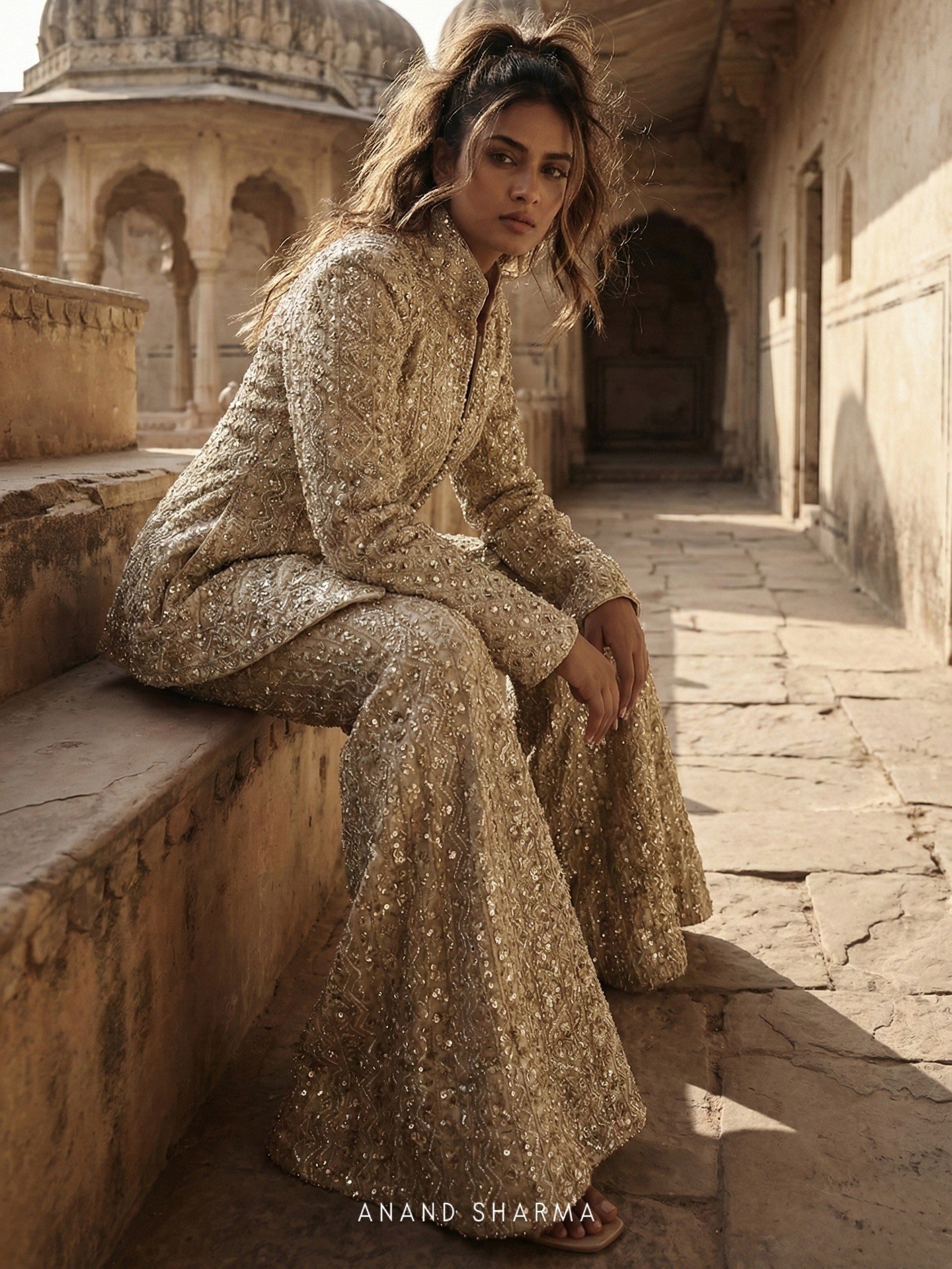 Golden color sharara with zari work