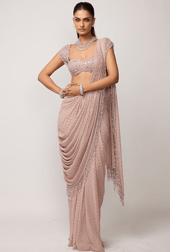 Ash Pink Georgette Tassels Embroidered Draped Saree Set