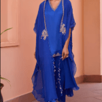 Blue Linen Satin Kurta Set With Dori Embellished Cape
