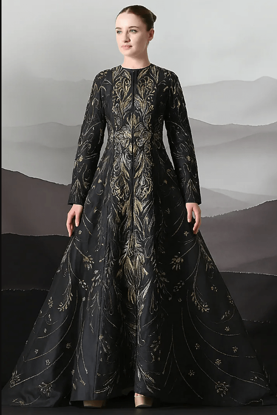 Black Cotton Silk Metallic Embroidered Gown