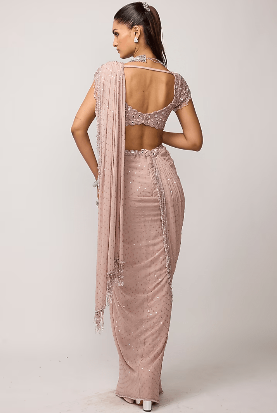 Ash Pink Georgette Tassels Embroidered Draped Saree Set - Image 2