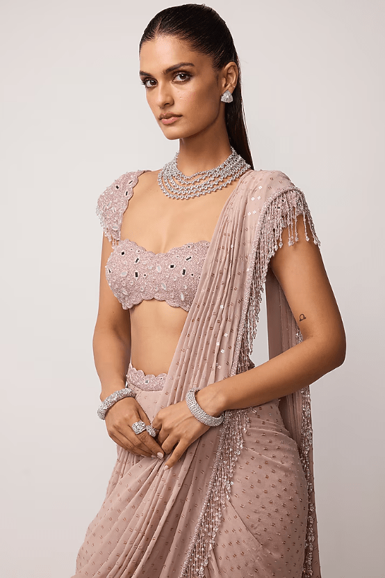 Ash Pink Georgette Tassels Embroidered Draped Saree Set - Image 3