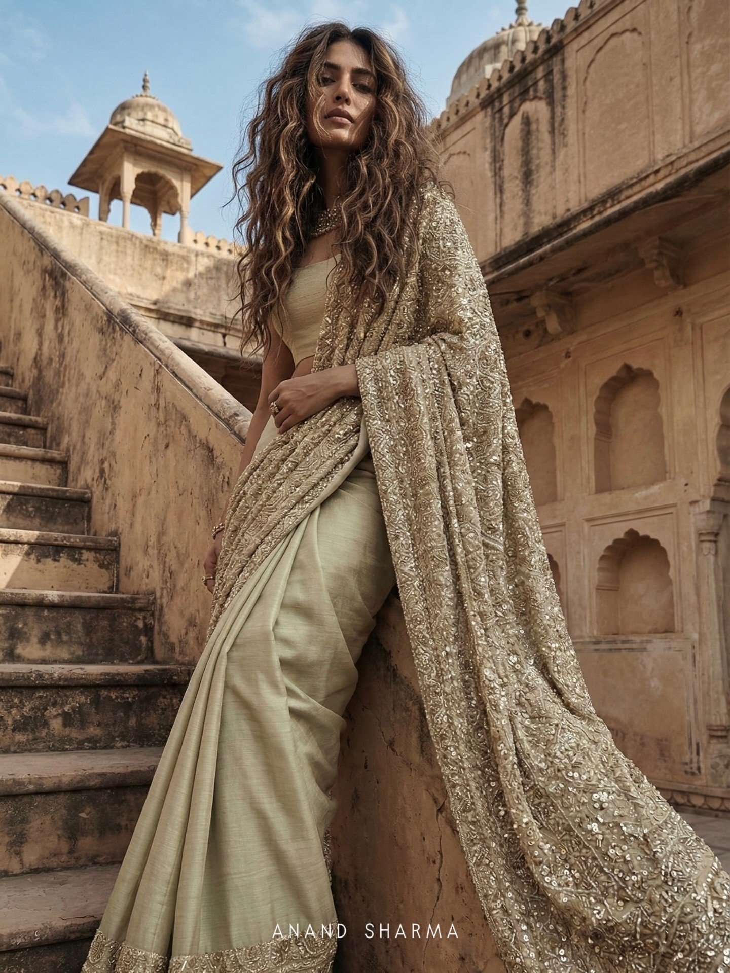 Golden Color Saree With Zari Work - Image 4