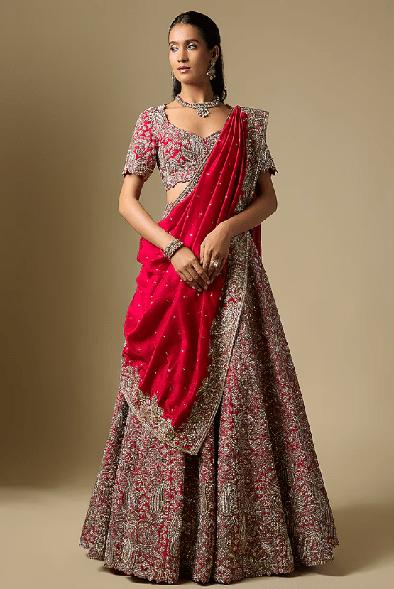 Red Raw Silk Embroidered Lehenga Set
