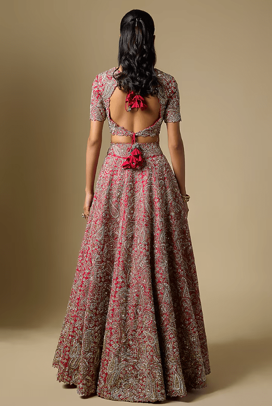 Red Raw Silk Embroidered Lehenga Set - Image 2