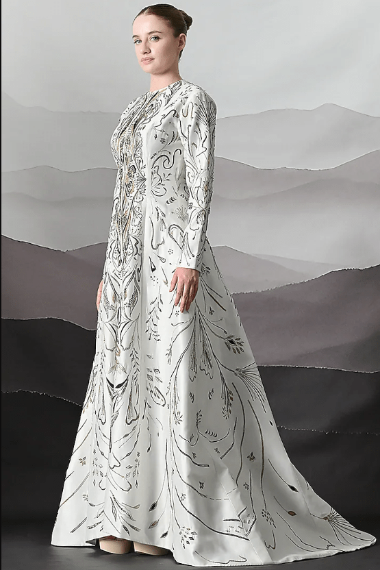 Ivory Cotton Silk Metallic Embroidered Gown - Image 3