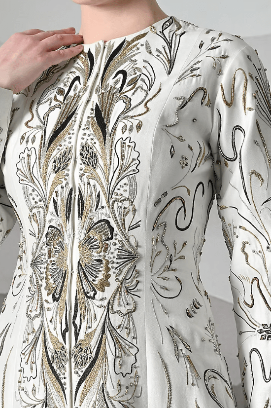 Ivory Cotton Silk Metallic Embroidered Gown - Image 4