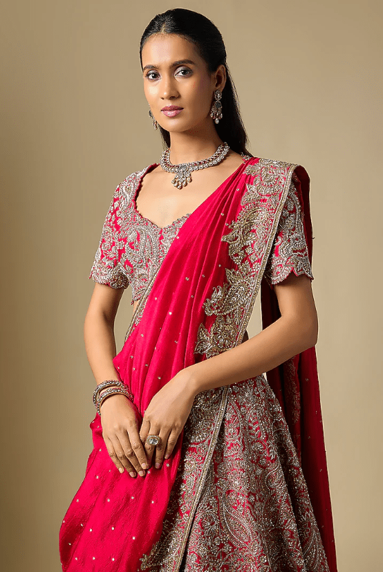 Red Raw Silk Embroidered Lehenga Set - Image 4
