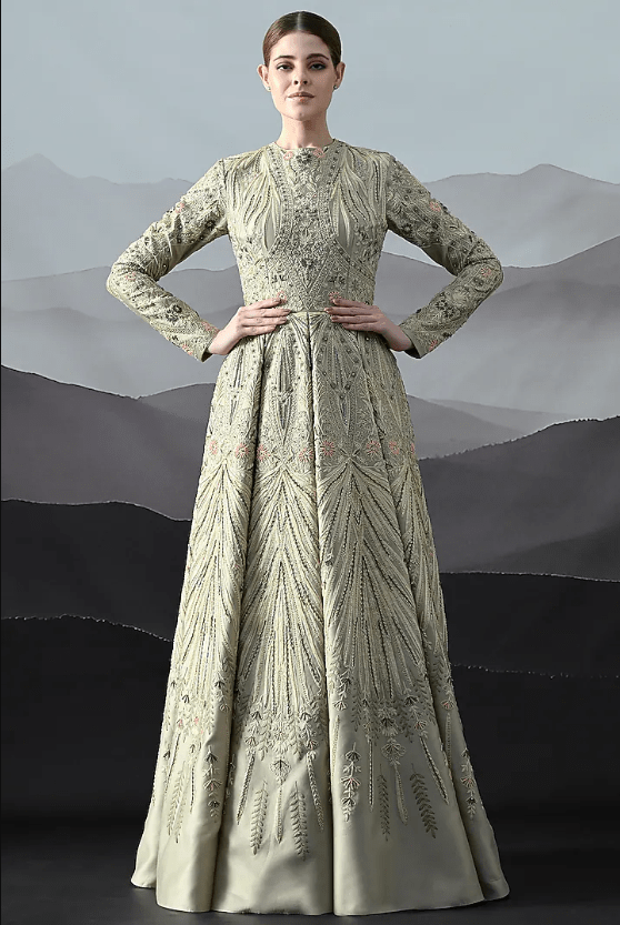 Grey Cotton Silk Motif Embroidered Structured Gown