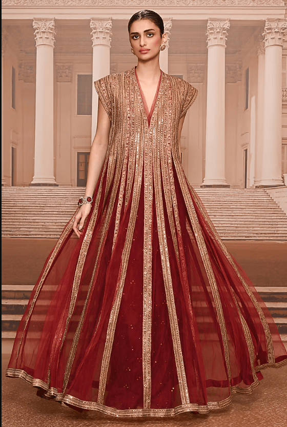 Wine & Gold Tulle Sequins Embroidered Kurta Set