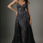 Midnight Blue Italian Tulle Beads & Crystal Hand Embroidered Gown