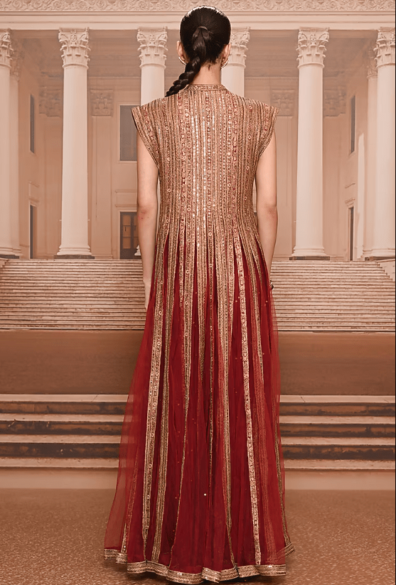 Wine & Gold Tulle Sequins Embroidered Kurta Set - Image 2