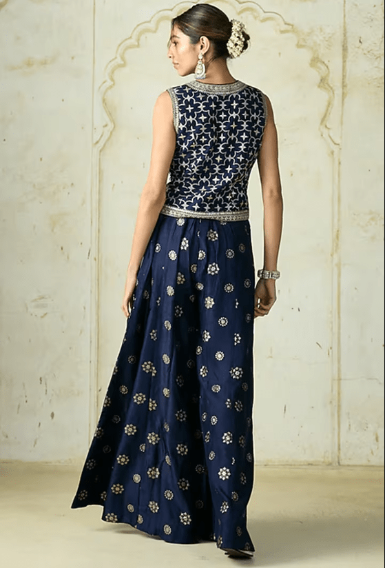 Navy Blue Tussar Embroidered Co-Ord Set - Image 2