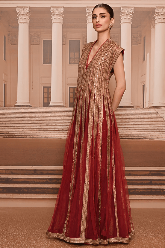 Wine & Gold Tulle Sequins Embroidered Kurta Set - Image 3