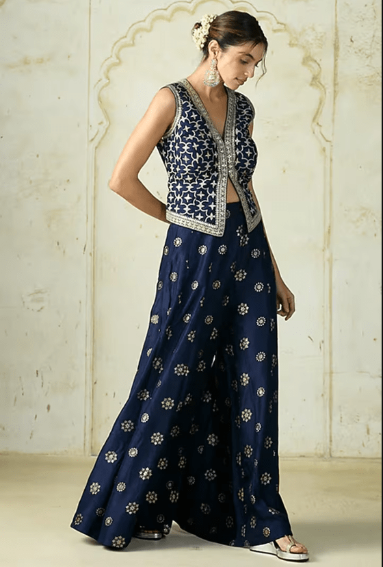 Navy Blue Tussar Embroidered Co-Ord Set - Image 3