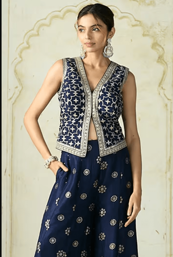 Navy Blue Tussar Embroidered Co-Ord Set - Image 4