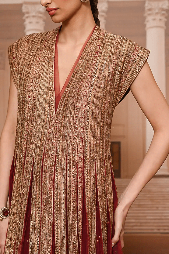 Wine & Gold Tulle Sequins Embroidered Kurta Set - Image 5