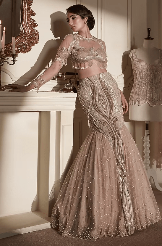 Beige Gold Tulle 3D Embellished Lehenga Set