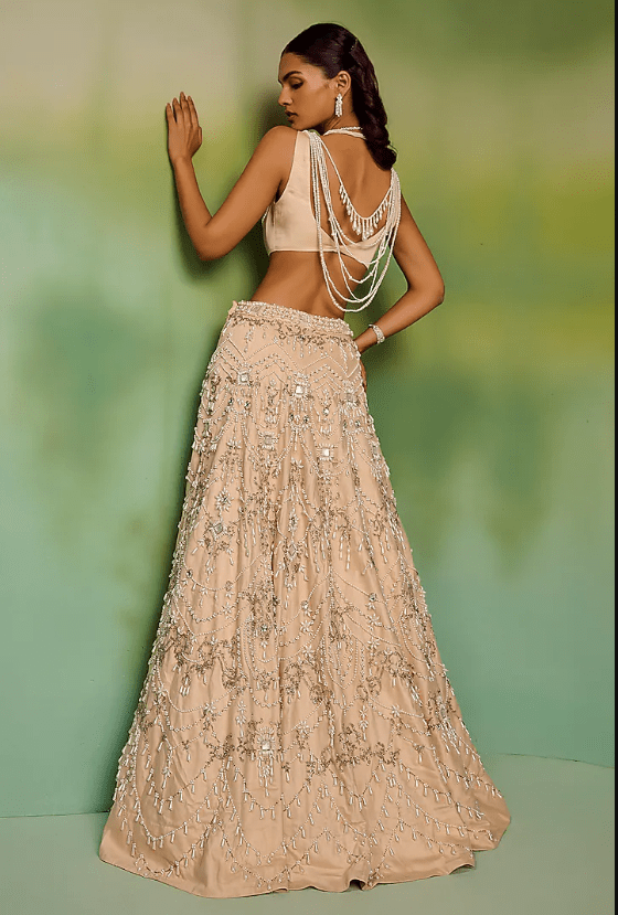 Champagne Tulle Bead & Thread Embroidered Bridal Lehenga Set - Image 2