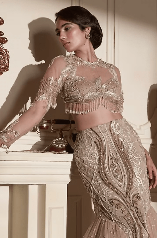 Beige Gold Tulle 3D Embellished Lehenga Set - Image 3