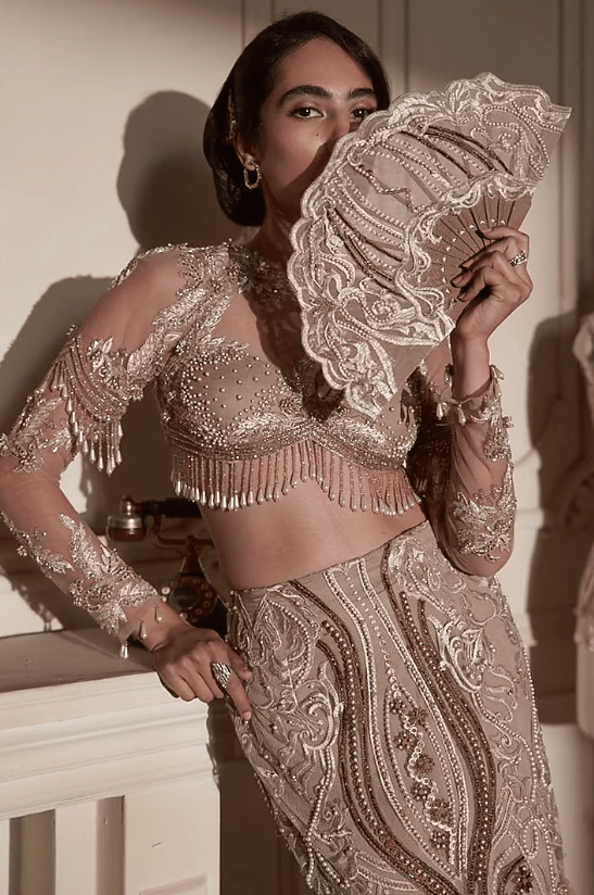 Beige Gold Tulle 3D Embellished Lehenga Set - Image 4