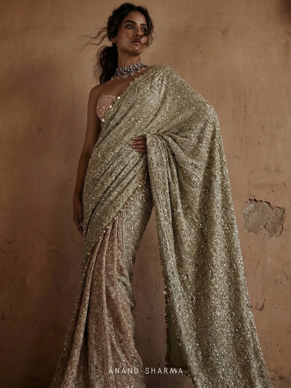 Cream color saree with zari work