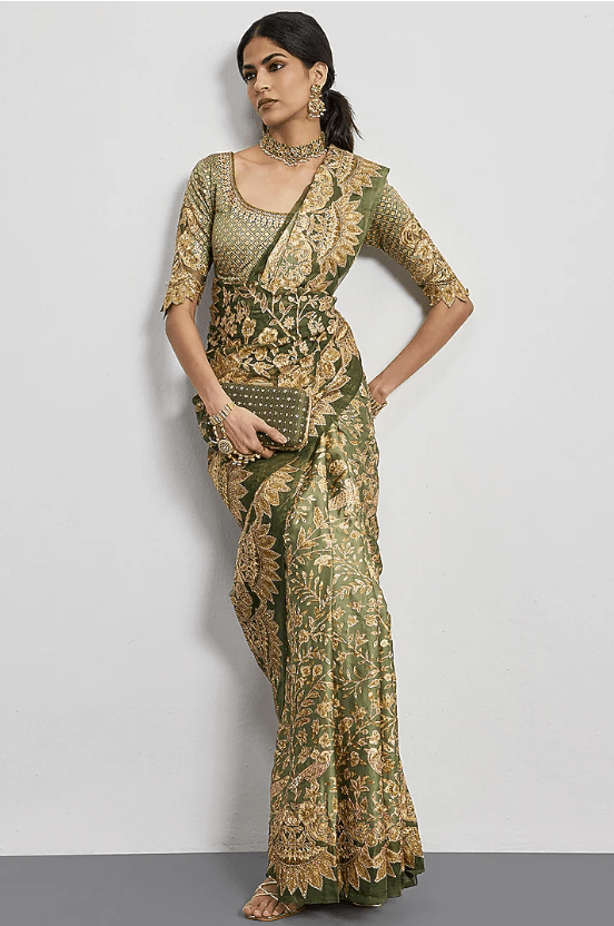 Khaki Green Silk Satin Embroidered Saree Set