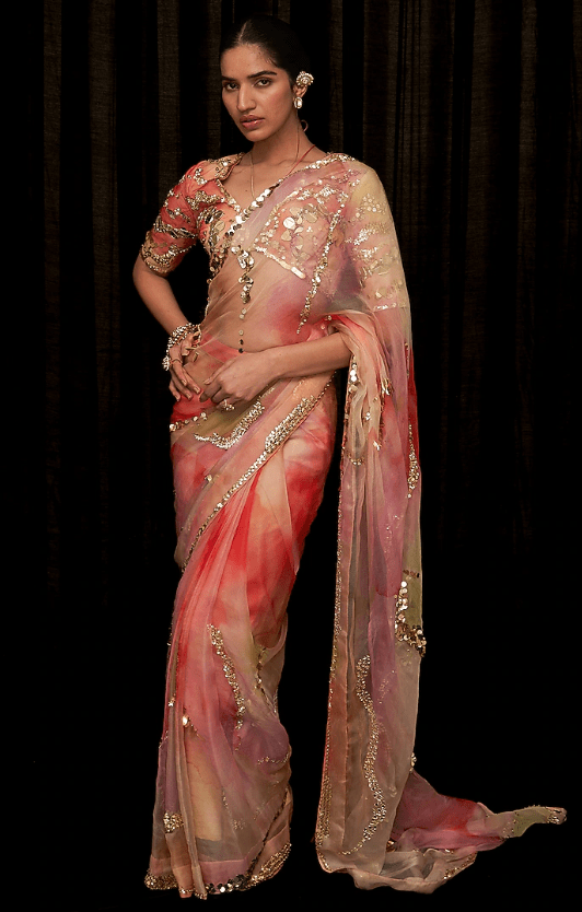 Multi-Colored Organza & Cotton Lycra Printed Pre-Draped Saree Set
