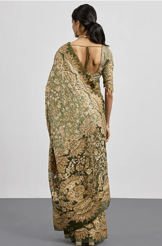 Khaki Green Silk Satin Embroidered Saree Set - Image 2