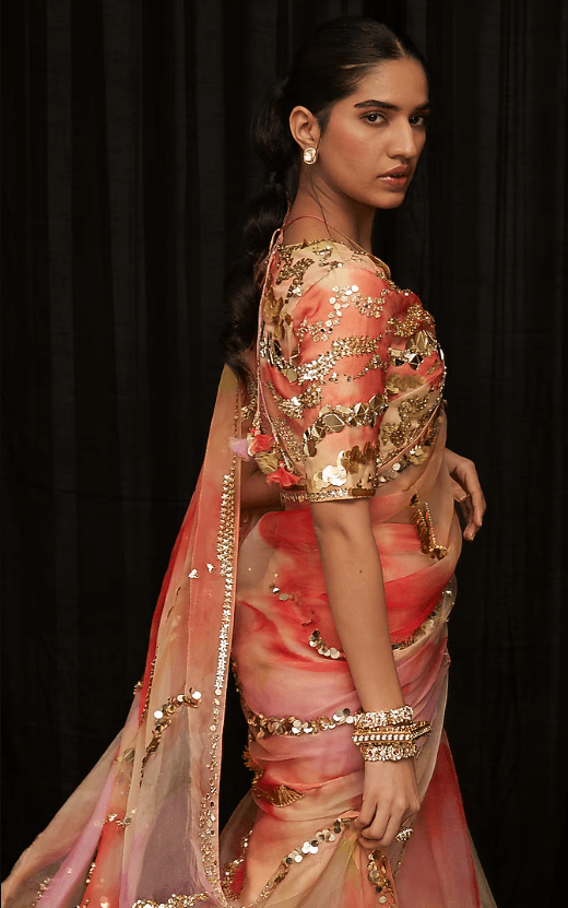 Multi-Colored Organza & Cotton Lycra Printed Pre-Draped Saree Set - Image 2