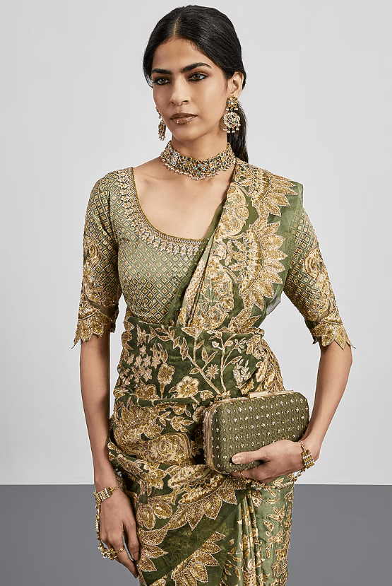 Khaki Green Silk Satin Embroidered Saree Set - Image 3