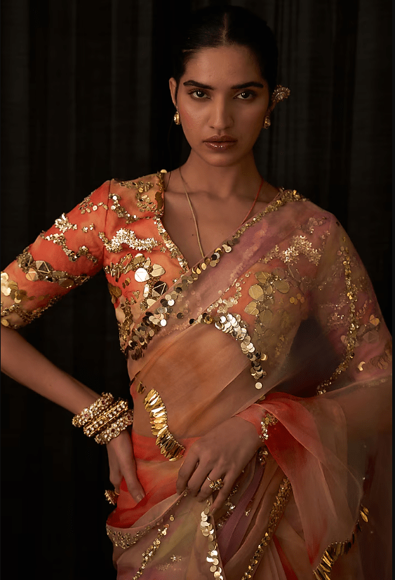 Multi-Colored Organza & Cotton Lycra Printed Pre-Draped Saree Set - Image 3