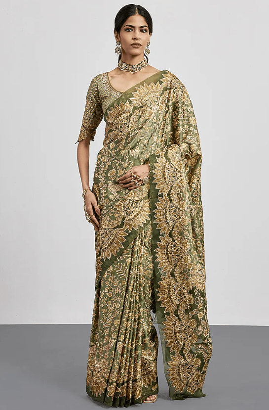 Khaki Green Silk Satin Embroidered Saree Set - Image 4