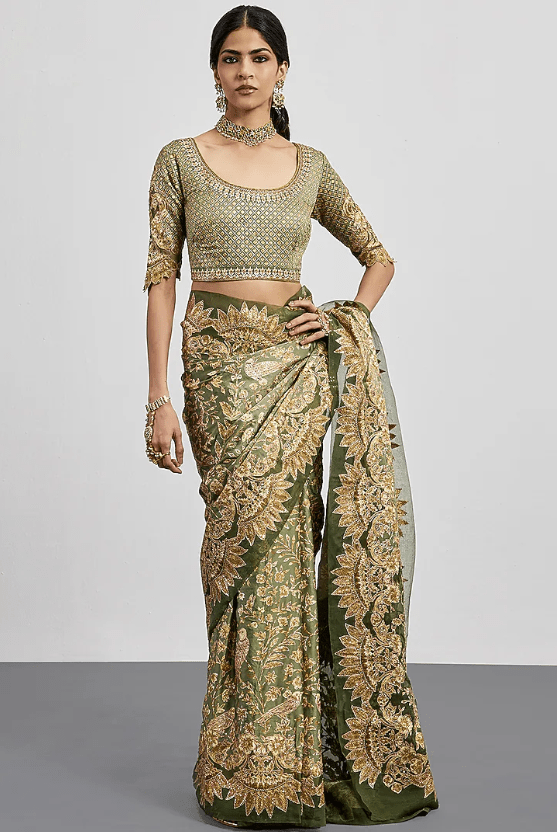 Khaki Green Silk Satin Embroidered Saree Set - Image 5